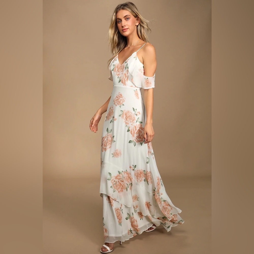 Lulu’s- Take You There Ivory Floral Print Maxi Dress